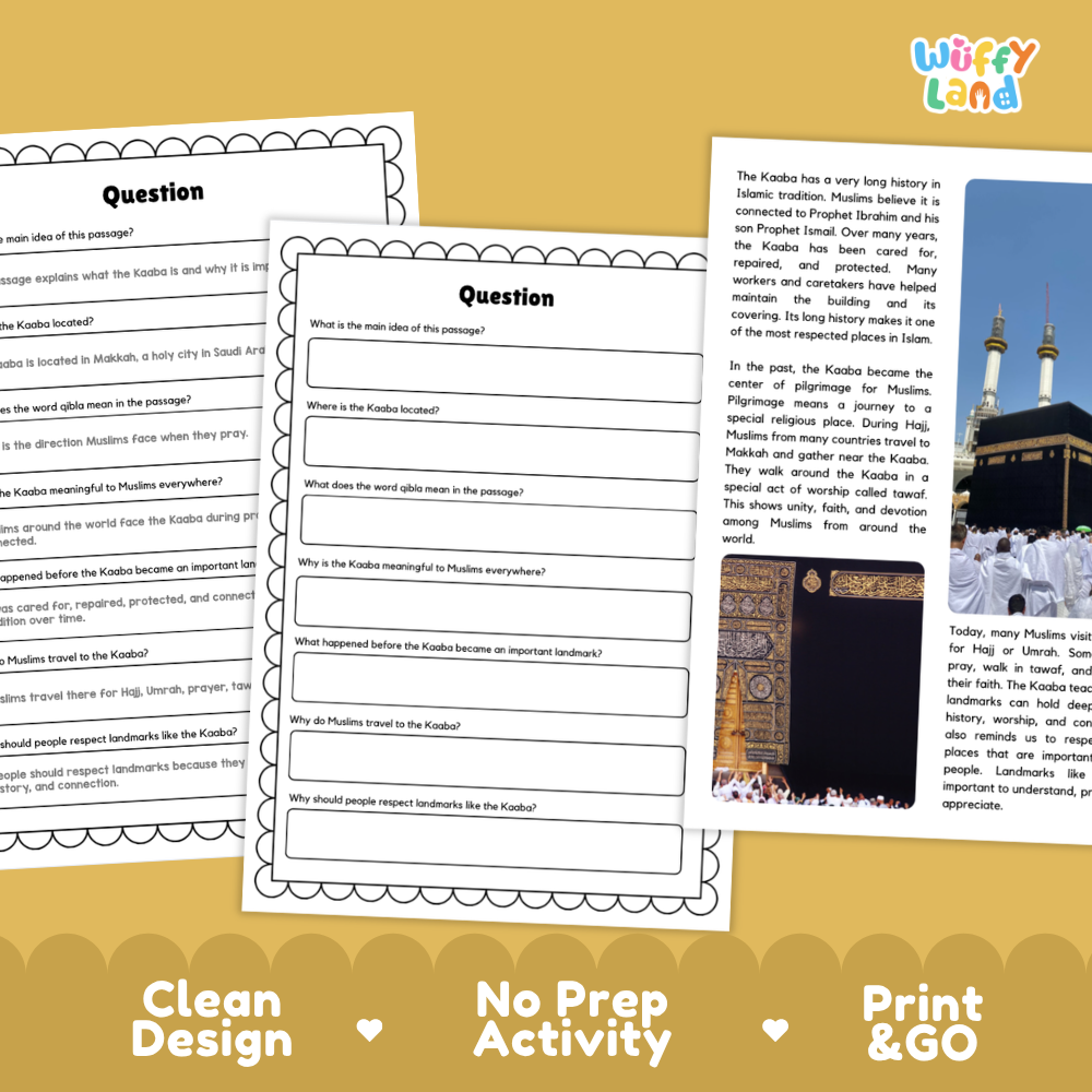 Kaaba Landmark Reading Passages and Comprehension Questions Worksheets