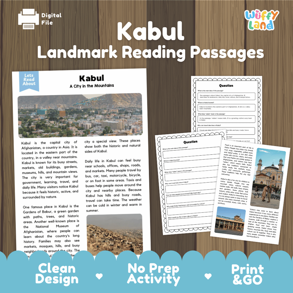 Kabul landmark reading passage and comprehension worksheet educational unit featuring nonfiction text and authentic Kabul Afghanistan mountain valley photography