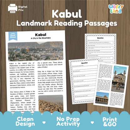 Kabul landmark reading passage and comprehension worksheet educational unit featuring nonfiction text and authentic Kabul Afghanistan mountain valley photography