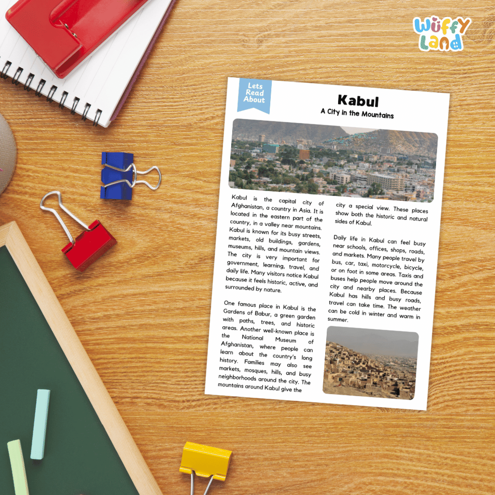 Lined reading comprehension question worksheet covering main ideas vocabulary terms and landmark facts about Kabul Afghanistan