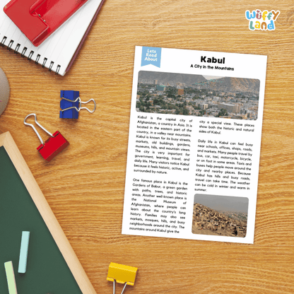 Lined reading comprehension question worksheet covering main ideas vocabulary terms and landmark facts about Kabul Afghanistan