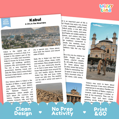 Reference sheet and answer key for Kabul landmark reading passage displaying completed comprehension answers and Afghan geography facts