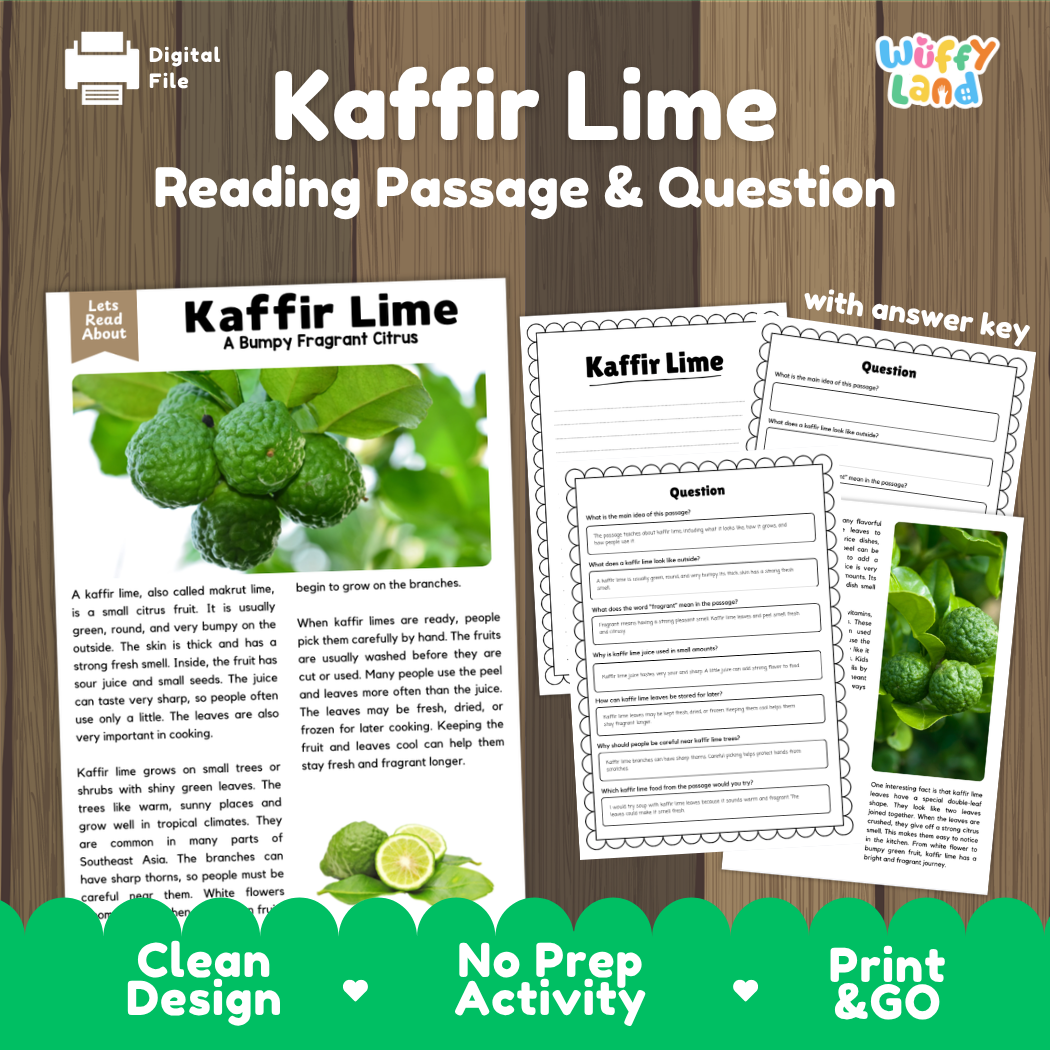 Kaffir lime reading comprehension passage and questions printable activity pack with answer key for elementary students