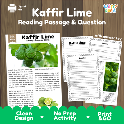 Kaffir lime reading comprehension passage and questions printable activity pack with answer key for elementary students