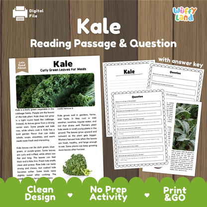 Kale reading comprehension passage and questions printable activity pack with answer key for elementary students