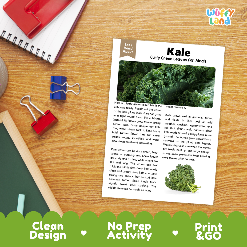 Student reading comprehension worksheet with short-answer questions and lined sections about kale vegetables
