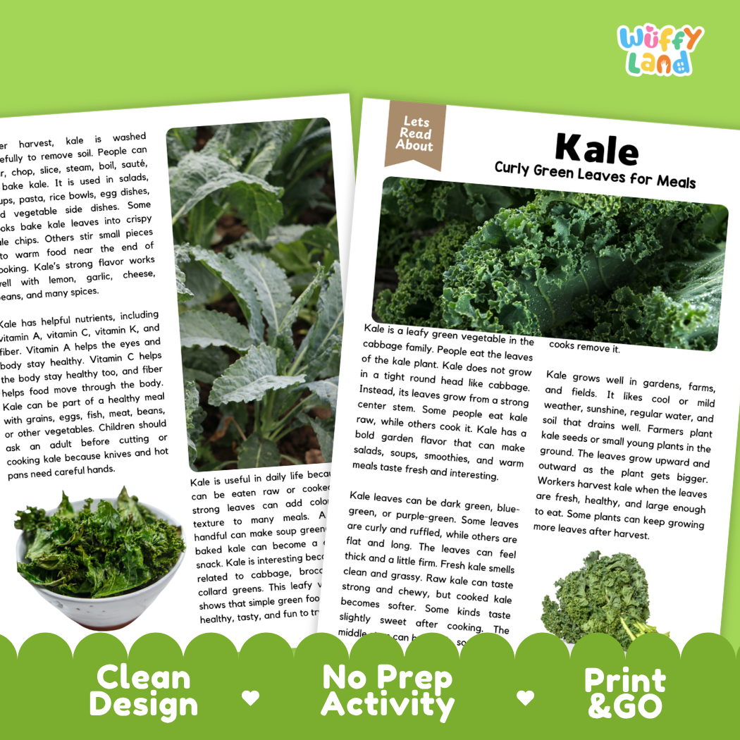 Teacher answer key page showing complete question solutions for kale reading comprehension practice