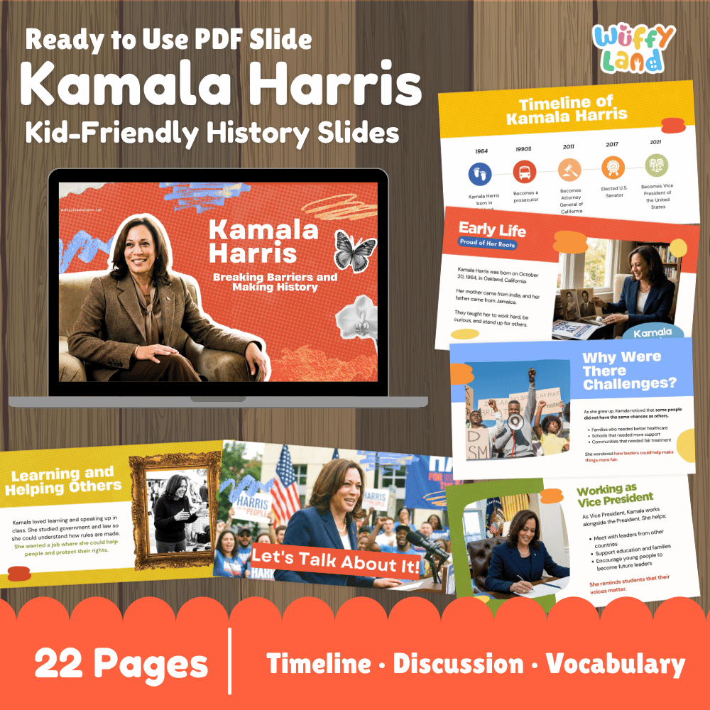 Promotional graphic for a digital product: 'Ready to Use PDF Slide Kamala Harris Kid-Friendly History Slides' by Wiffy Land. The image shows a laptop mockup with a red slide featuring Kamala Harris, plus several colorful preview pages for the presentation.