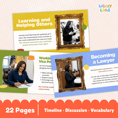 Educational poster-style product preview for a children's book or activity set titled 'Learning and Helping Others' with additional pages shown in a collage format. The design includes text blocks, framed photos of a woman, and a bottom banner reading '22 Pages | Timeline | Discussion | Vocabulary.