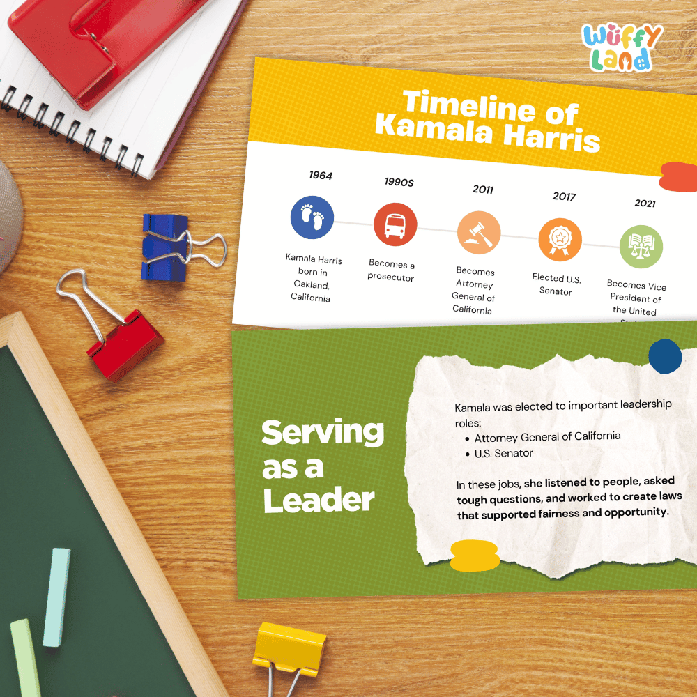 An educational poster titled 'Timeline of Kamala Harris' laid out on a wooden desk with school supplies. The poster features a yellow top section with timeline markers and a green bottom section with a torn paper graphic reading 'Serving as a Leader'.
