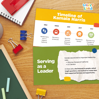 An educational poster titled 'Timeline of Kamala Harris' laid out on a wooden desk with school supplies. The poster features a yellow top section with timeline markers and a green bottom section with a torn paper graphic reading 'Serving as a Leader'.