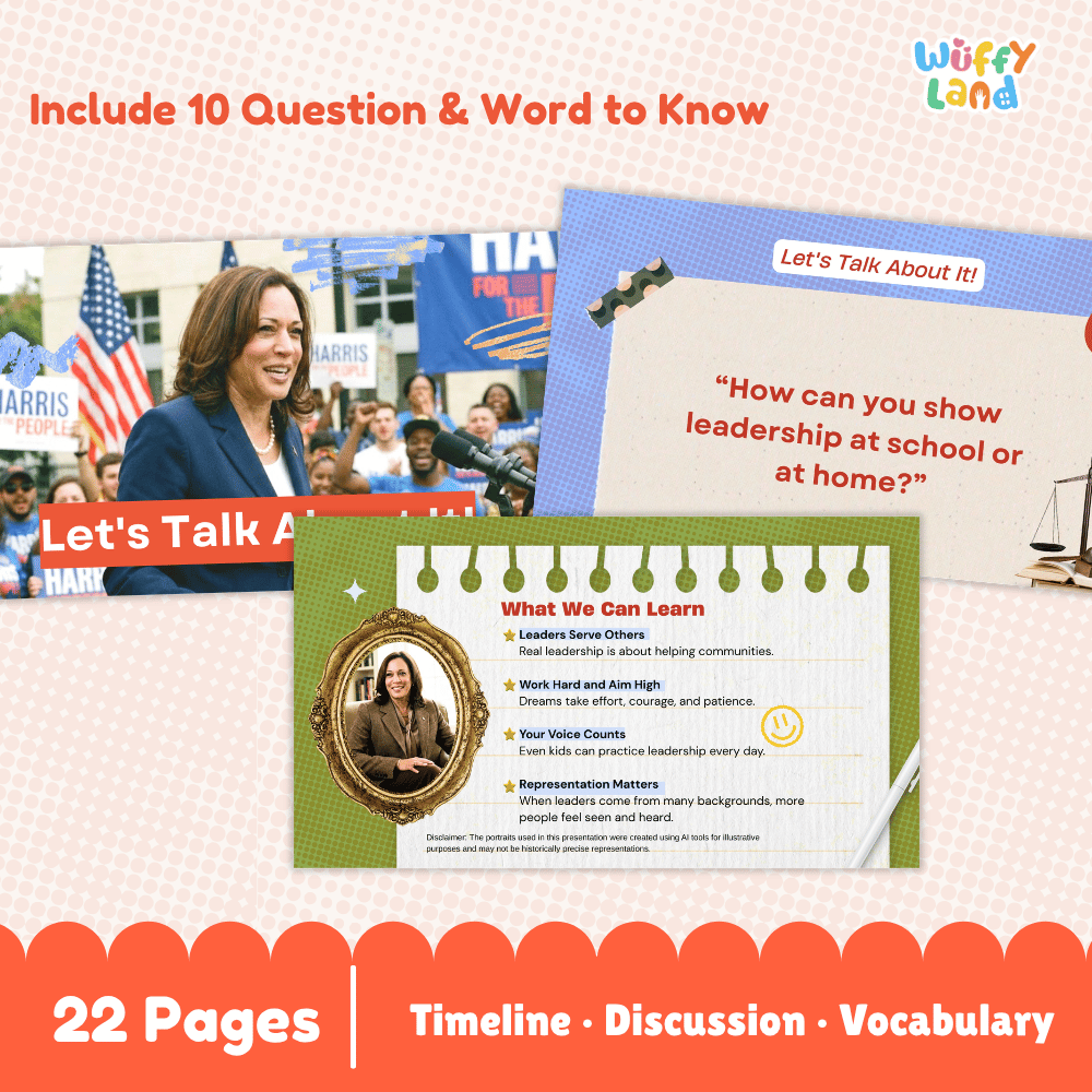 Promotional graphic for a leadership educational resource titled 'What We Can Learn' by Wuffy Land. The image shows a collage of a woman speaking, American flags, and text overlays advertising 'Include 10 Question & Word to Know' and '22 Pages | Timeline • Discussion • Vocabulary'.