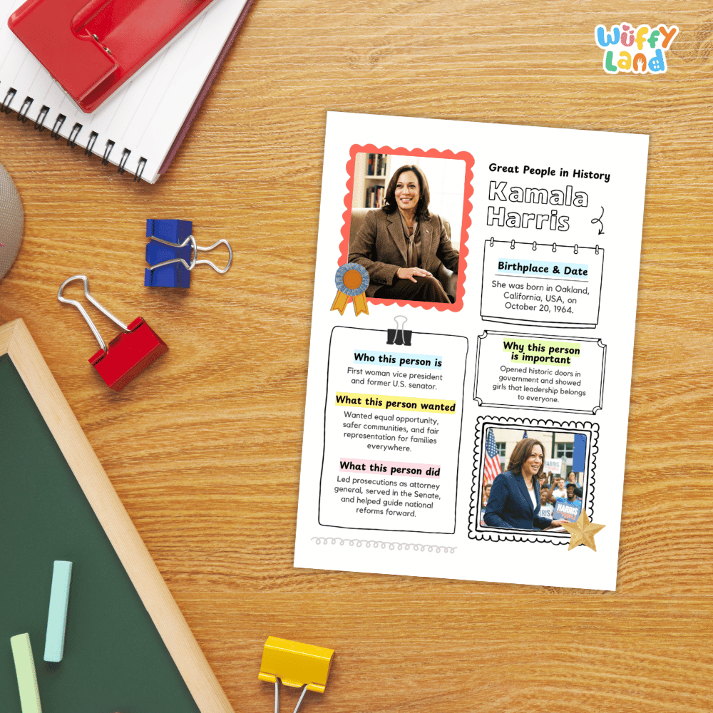 A printed educational poster about Kamala Harris, styled on a wooden desk with binder clips, a spiral notebook, chalk, and a red notebook. The poster has a white background with colorful text boxes, photo frames, and decorative elements.