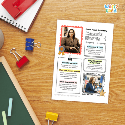 A printed educational poster about Kamala Harris, styled on a wooden desk with binder clips, a spiral notebook, chalk, and a red notebook. The poster has a white background with colorful text boxes, photo frames, and decorative elements.