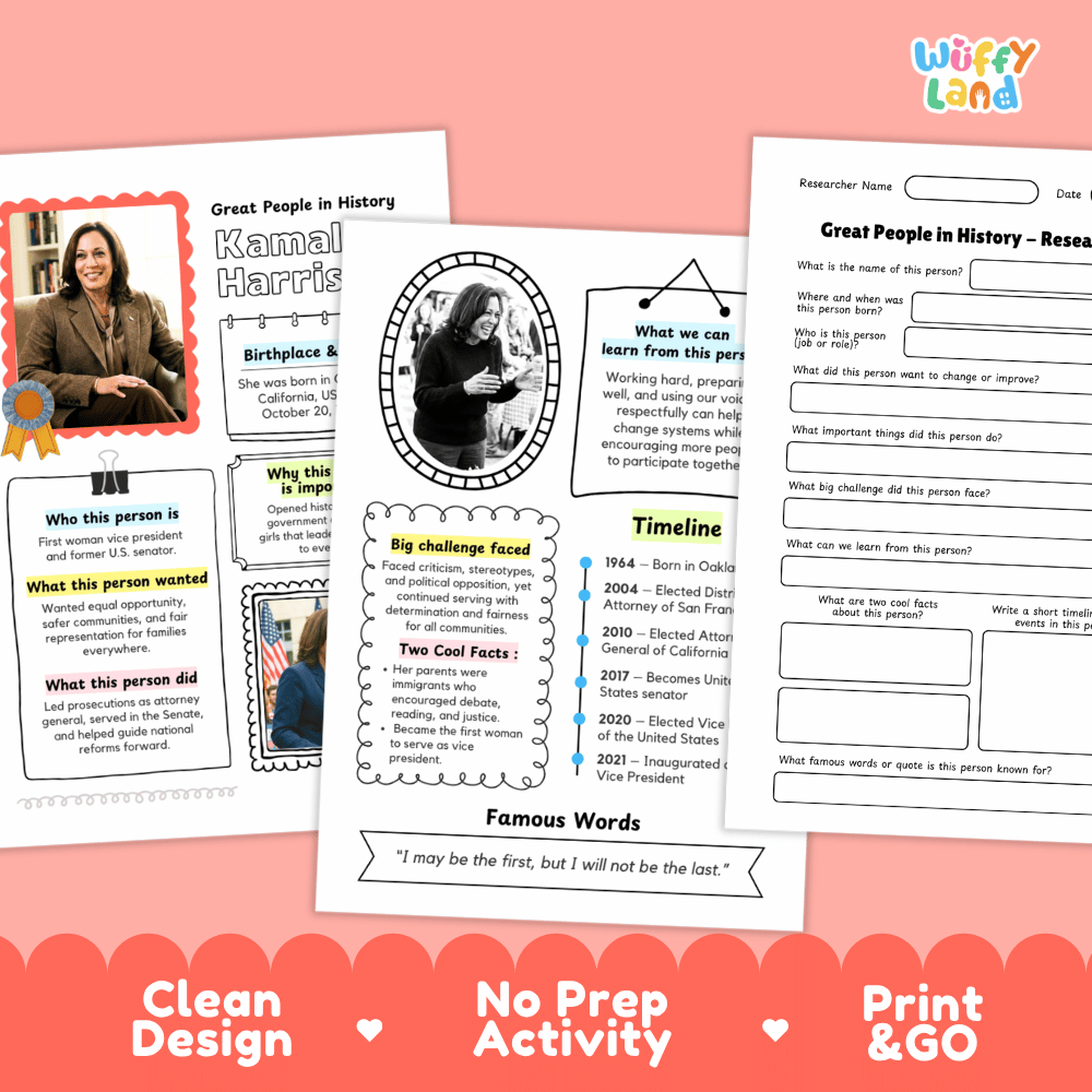 Three educational printable worksheet pages about Great People in History are shown on a pink background with the text 'Clean Design', 'No Prep Activity', and 'Print & GO'. The pages include text boxes, timelines, and a photo placeholder.
