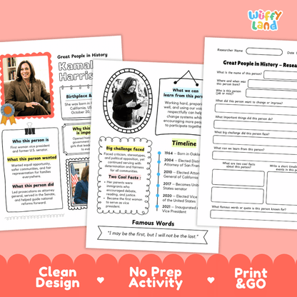 Three educational printable worksheet pages about Great People in History are shown on a pink background with the text 'Clean Design', 'No Prep Activity', and 'Print & GO'. The pages include text boxes, timelines, and a photo placeholder.
