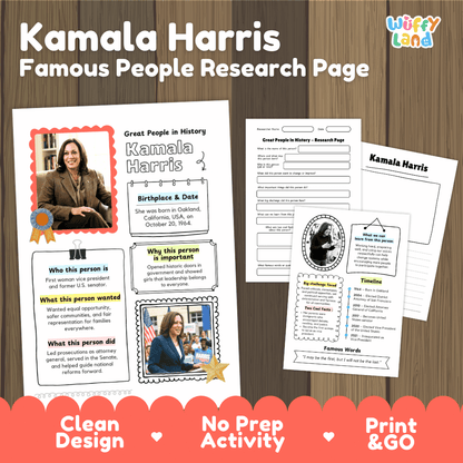 Educational worksheet set titled 'Camala Harris Famous People Research Page' by Wiffly Land, featuring printable activity pages on a wood background with promotional text at the bottom.