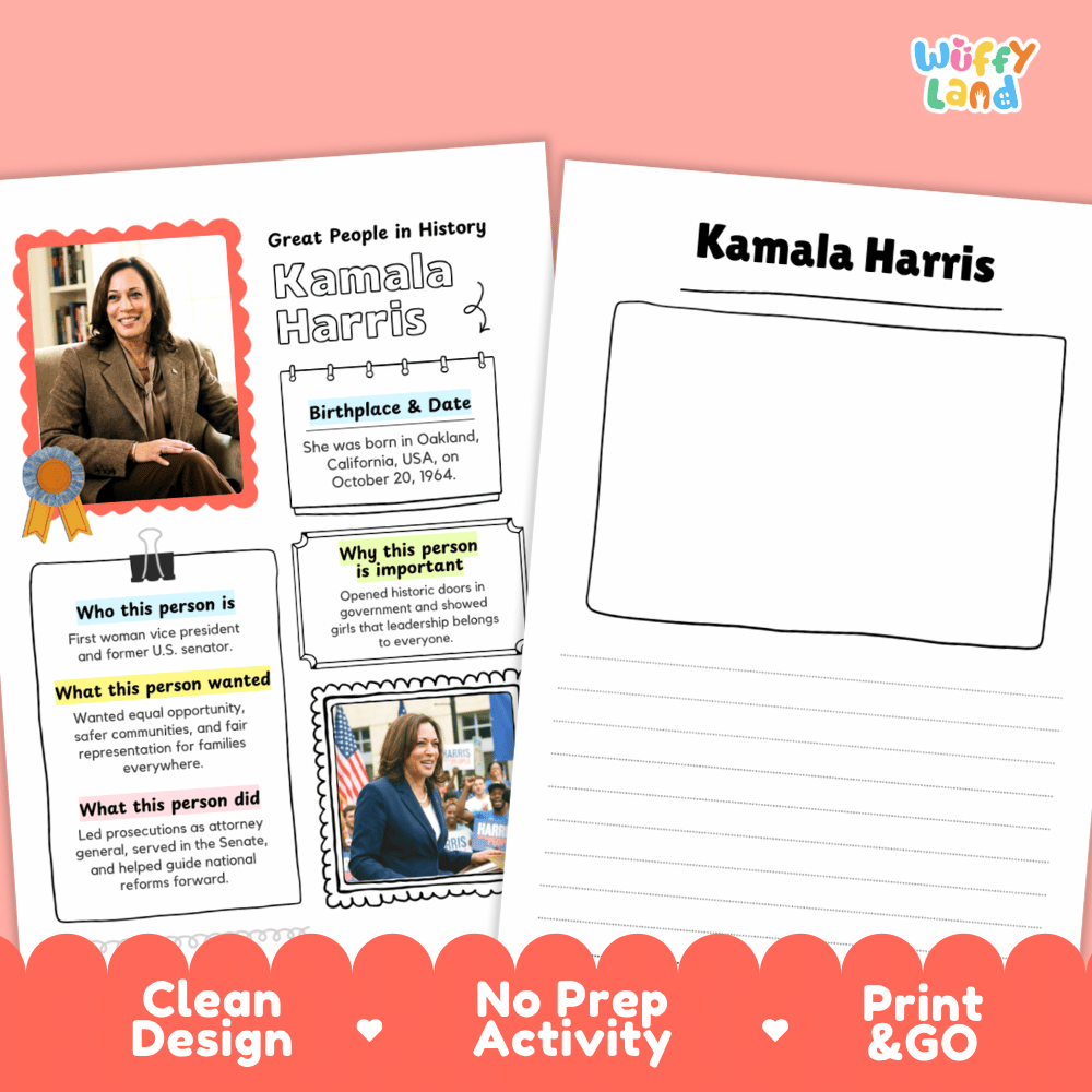 Two printable educational activity sheets for Kamala Harris displayed on a pink background. The left sheet contains text boxes, a portrait photo, and labeled sections about who she is, what she wanted, and what she did.