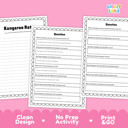 Three printable worksheet pages about a kangaroo rat displayed on a pink background with promotional text reading 'Clean Design,' 'No Prep Activity,' and 'Print & GO.' The worksheets contain short reading passages and multiple-choice question sections.