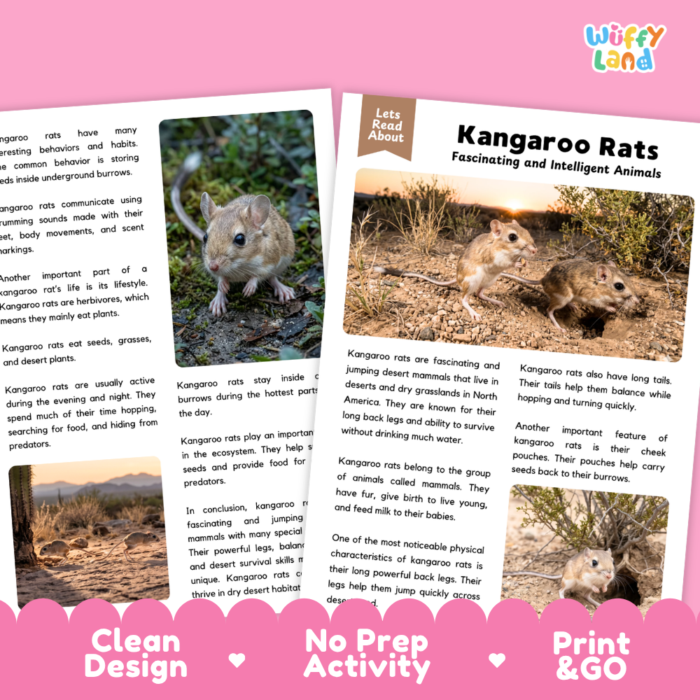 Two educational reading activity cards about kangaroo rats, displayed on a pink background with 'Wiffly Land' branding. The cards feature text, small informational photos, and a main photo of a kangaroo rat.