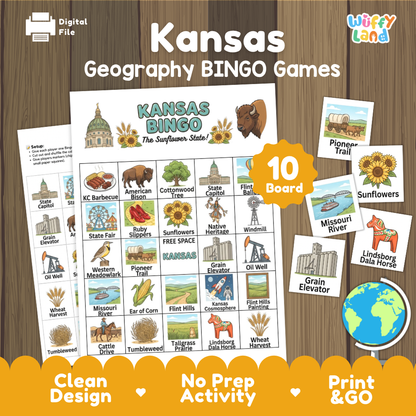 Kansas geography BINGO games cover showing 10 boards featuring American bison sunflowers state capitol and pioneer trail cards