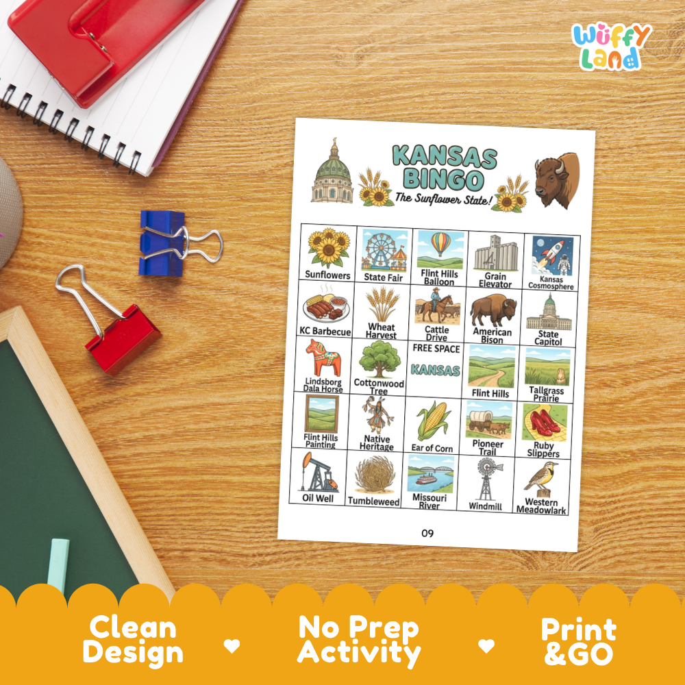 Individual BINGO calling cards showing Pioneer Trail wagon, Missouri River, sunflowers, and Lindsborg Dala Horse