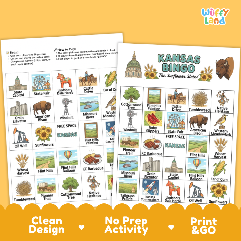 Printable Kansas BINGO board with grid spaces showing KC barbecue cottonwood tree ruby slippers and western meadowlark