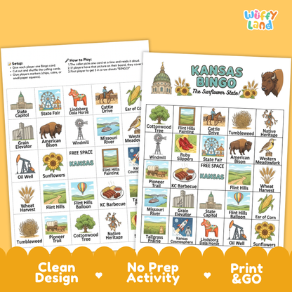 Printable Kansas BINGO board with grid spaces showing KC barbecue cottonwood tree ruby slippers and western meadowlark