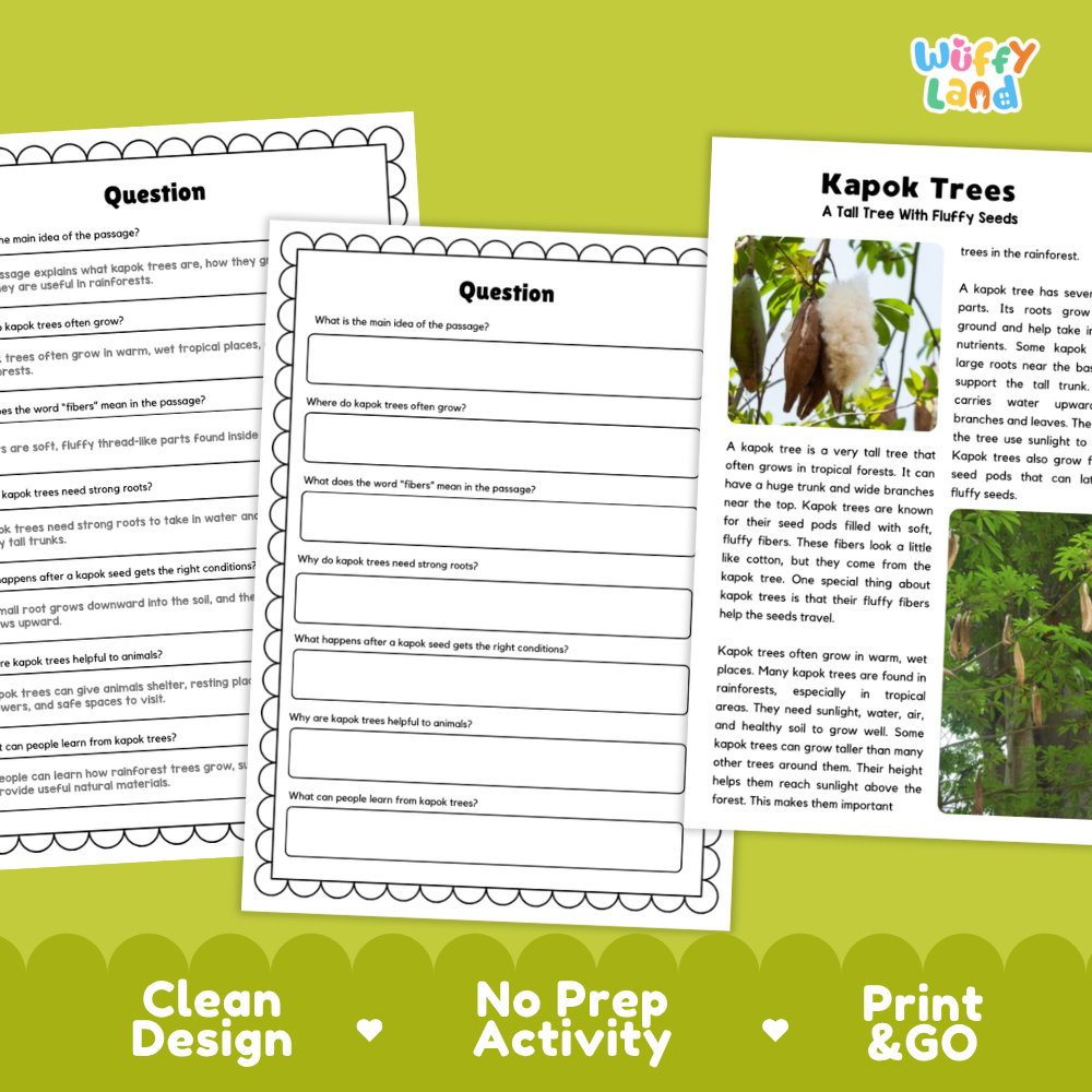 Kapok Tree Plant Reading Passages Worksheets and Comprehension Activity