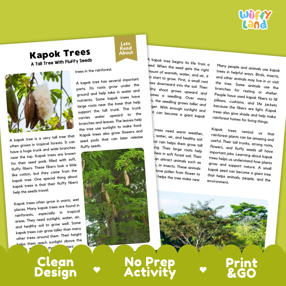 Kapok Tree Plant Reading Passages Worksheets and Comprehension Activity