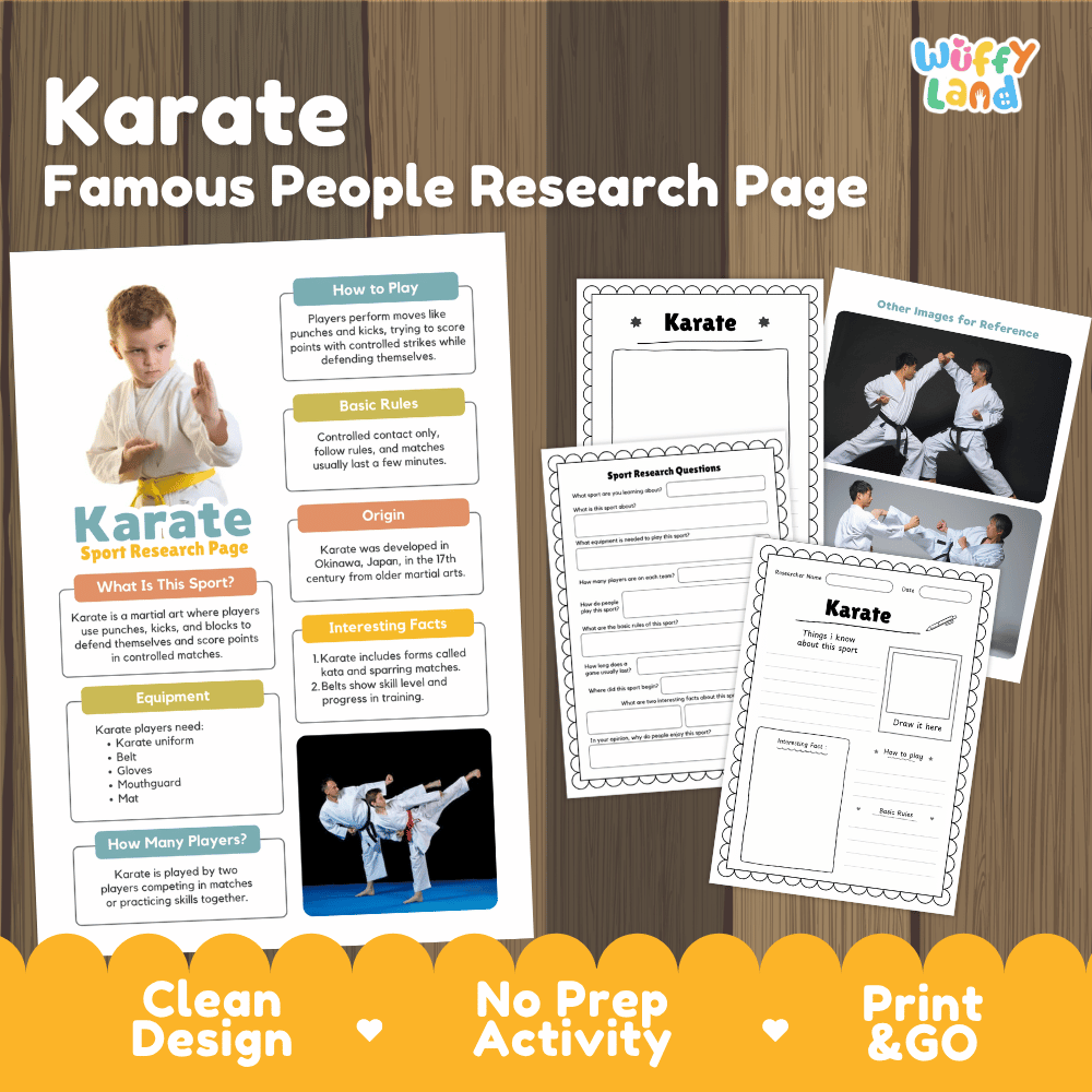 Karate famous people research page printable set by Wiffly Land, featuring a sample poster and three worksheet pages displayed on a wood background with promotional text at the bottom.
