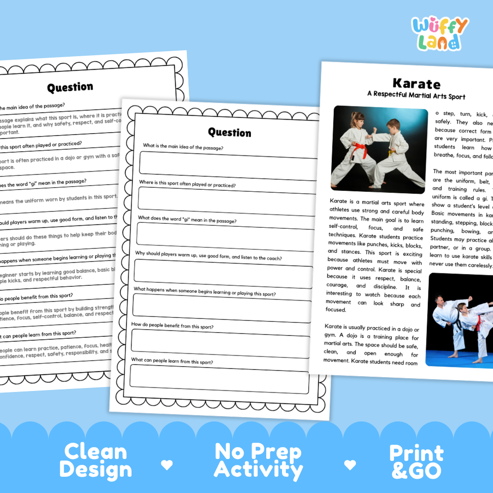 Karate Sports Reading Passages and Comprehension Questions Worksheets