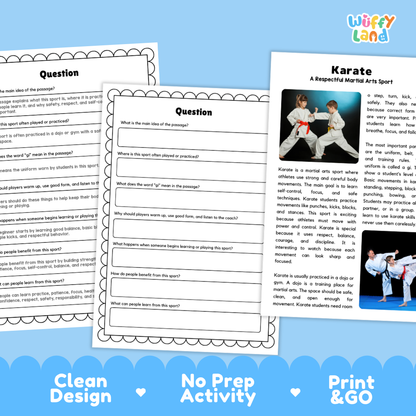 Karate Sports Reading Passages and Comprehension Questions Worksheets