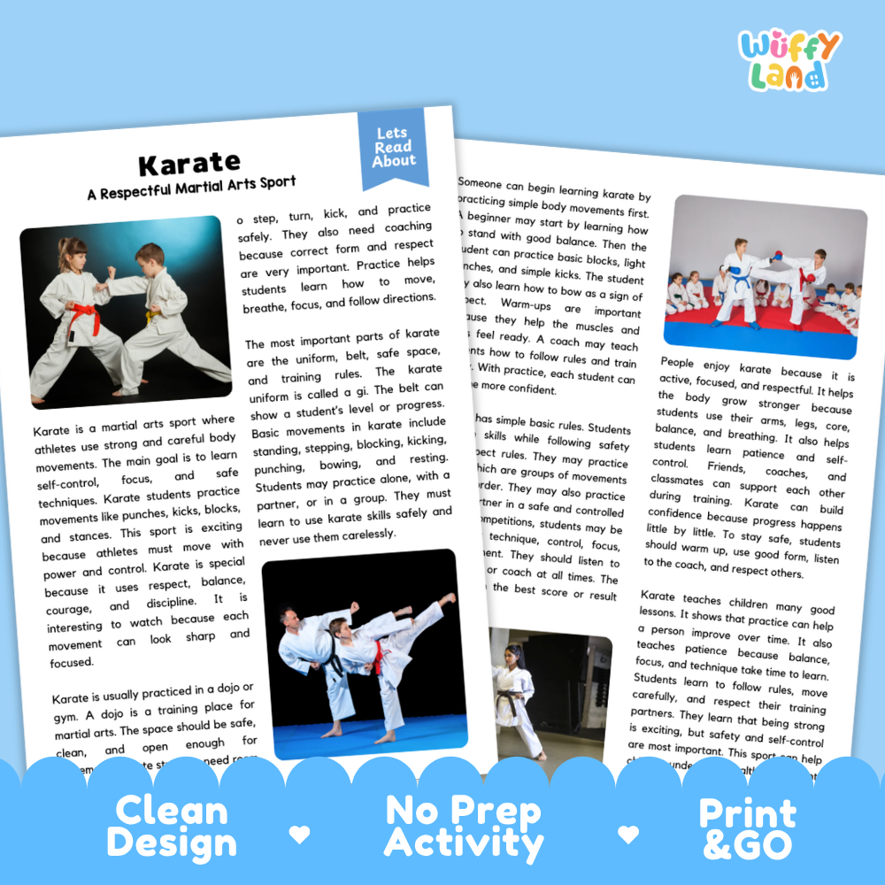 Karate Sports Reading Passages and Comprehension Questions Worksheets