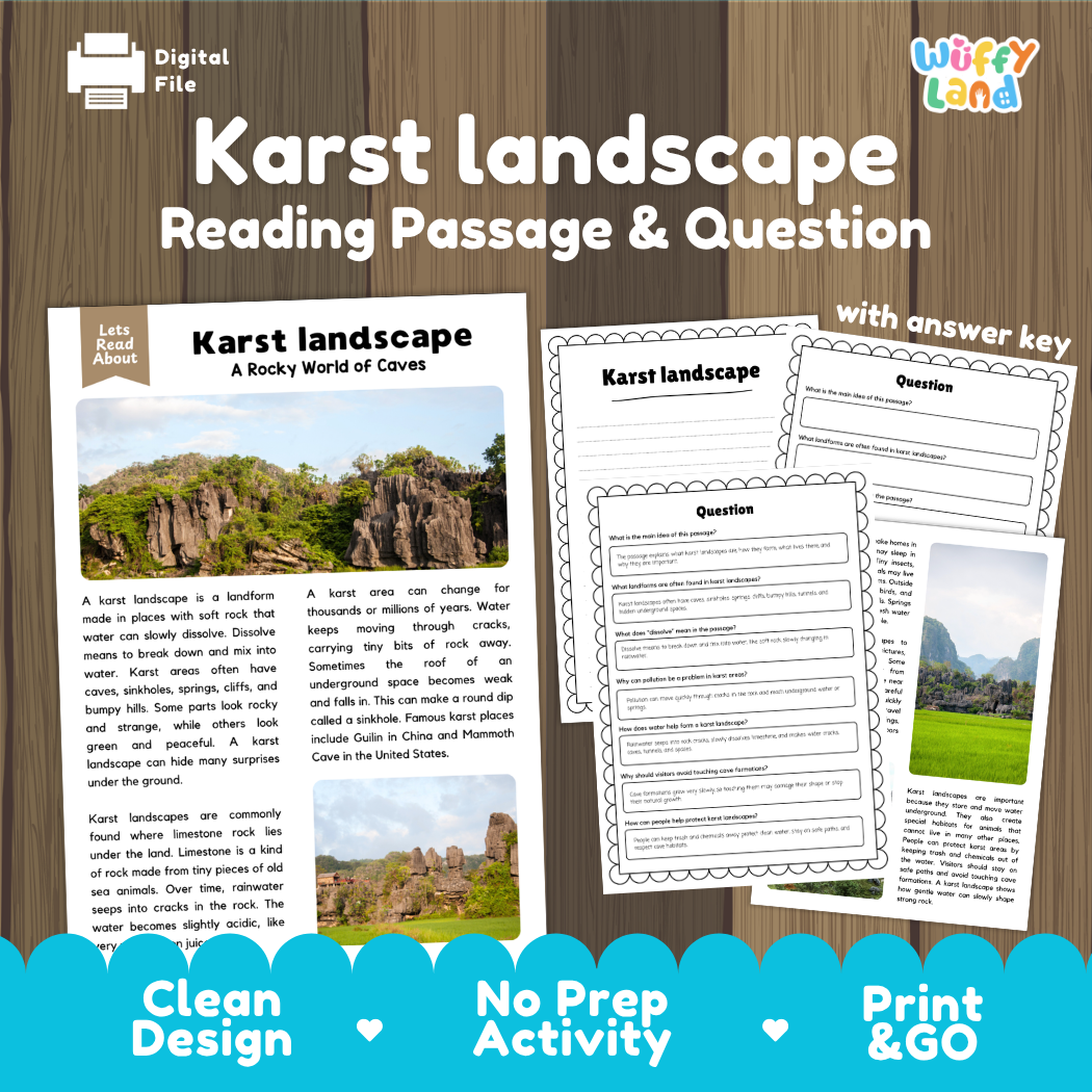 Karst landscape reading comprehension passage and questions printable activity pack with answer key for elementary students
