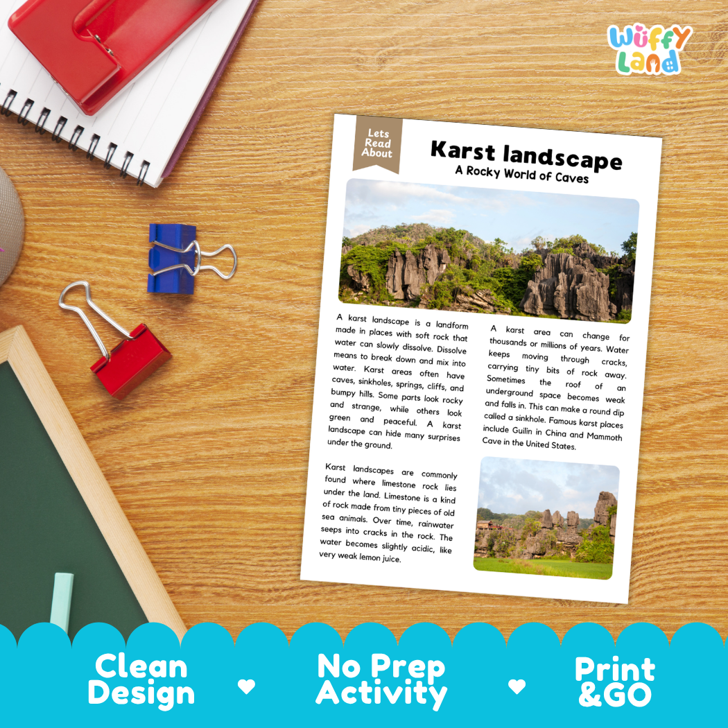Student reading comprehension worksheet with short-answer questions and handwriting lines about karst landscapes