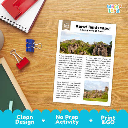 Student reading comprehension worksheet with short-answer questions and handwriting lines about karst landscapes