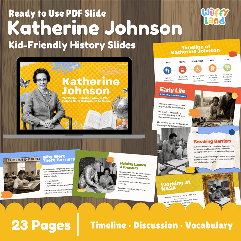 Promotional graphic for a set of educational PDF slides about Katherine Johnson, shown on a laptop screen with several sample slide thumbnails around it. The design uses a wood background, large white title text, and a yellow banner at the bottom that reads '23 Pages | Timeline | Discussion | Vocabulary.