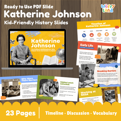 Promotional graphic for a set of educational PDF slides about Katherine Johnson, shown on a laptop screen with several sample slide thumbnails around it. The design uses a wood background, large white title text, and a yellow banner at the bottom that reads '23 Pages | Timeline | Discussion | Vocabulary.