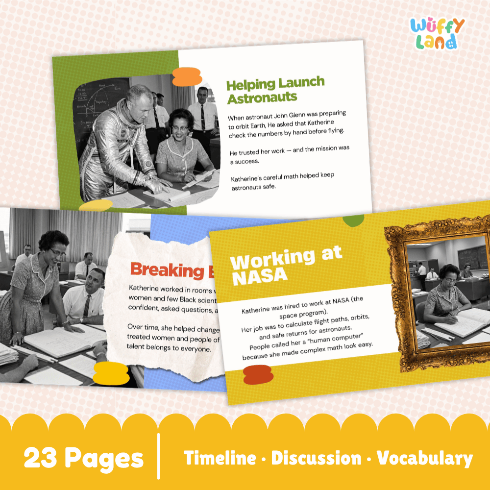 A collage showing several printed educational pages from a children's book or activity booklet titled 'Wuffly Land.' The pages feature photos of people, text about astronauts and NASA, and colorful layout elements.