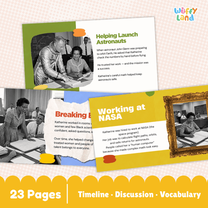 A collage showing several printed educational pages from a children's book or activity booklet titled 'Wuffly Land.' The pages feature photos of people, text about astronauts and NASA, and colorful layout elements.