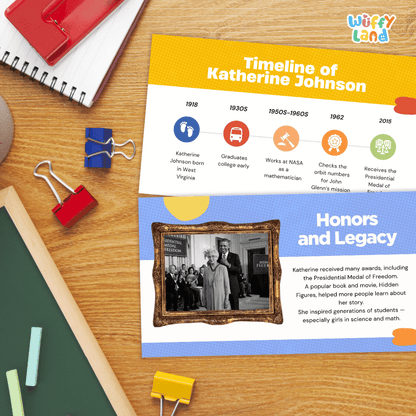 An educational poster titled 'Timeline of Katherine Johnson' laid out on a wooden desk with school supplies around it, including a spiral notebook, binder clips, chalk, and a green board. The poster has a yellow top section and a blue bottom section with timeline markers and a framed photo.