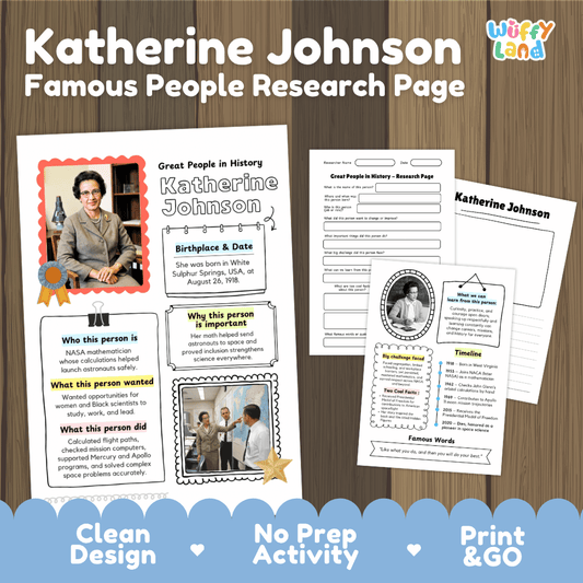 A product listing graphic for a printable educational resource titled 'Katherine Johnson Famous People Research Page' by Wiffly Land. The graphic shows three sample pages of the research page layout on a wood background, with promotional text at the bottom reading 'Clean Design', 'No Prep Activity', and 'Print & GO'.