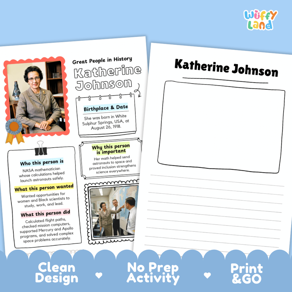 Two printable educational activity sheets for teaching Katherine Johnson, displayed on a light blue background with a scalloped white footer. The left sheet is a colorful profile of Katherine Johnson, and the right sheet is a blank lined worksheet titled 'Katherine Johnson'.