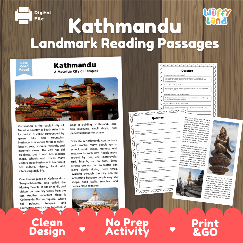 Kathmandu landmark reading passage and comprehension worksheet educational unit featuring nonfiction text and authentic Nepalese pagoda temple photography