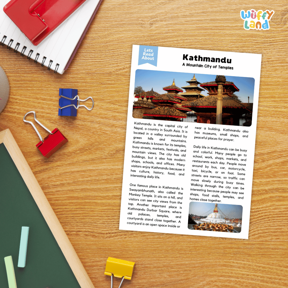 Lined reading comprehension question worksheet covering main ideas vocabulary terms and landmark facts about Kathmandu Nepal