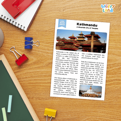 Lined reading comprehension question worksheet covering main ideas vocabulary terms and landmark facts about Kathmandu Nepal