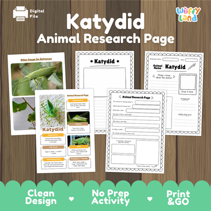 A digital preview of a printable 'Katydid Animal Research Page' activity sheet set by Wiffy Land, displayed on a wood-grain background with green banner accents at the bottom.