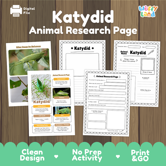 A digital preview of a printable 'Katydid Animal Research Page' activity sheet set by Wiffy Land, displayed on a wood-grain background with green banner accents at the bottom.