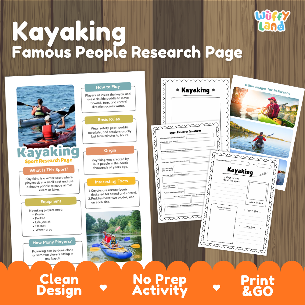 A product listing graphic for a 'Kayaking Famous People Research Page' by Wiffly Land. The image shows several printed worksheet pages laid out on a wood-textured background, with promotional text at the top and bottom highlighting features like 'Clean Design', 'No Prep Activity', and 'Print & GO'.